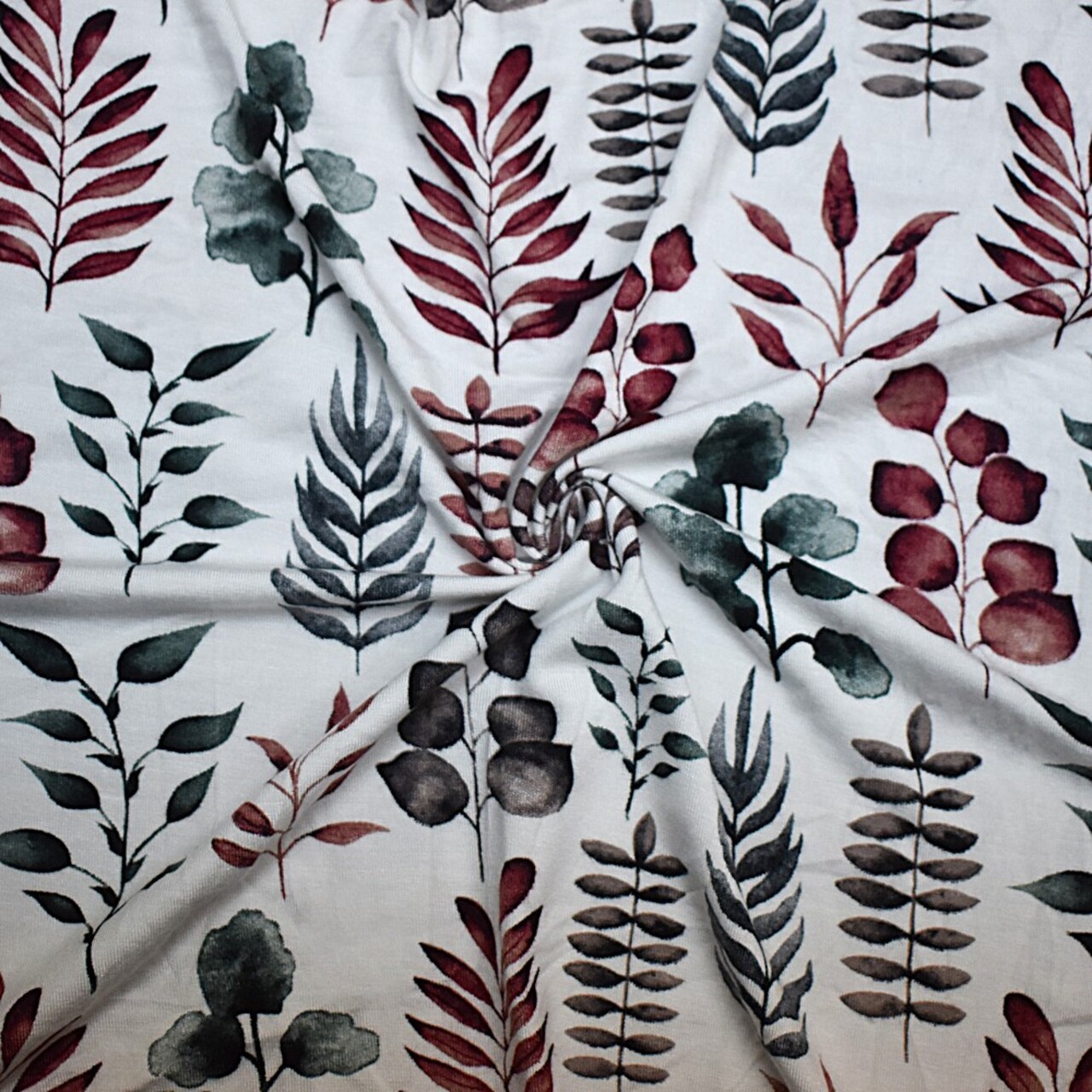 Red-Green-Multi Rayon Modal Leaves Print Stretch Spandex Jersey Knit Fabric By the Yard